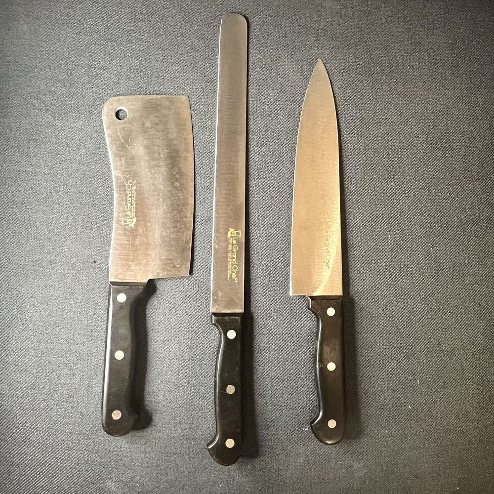 Vintage Le Grand Chef Knife Set 3-Piece Stainless Steel, Made in Japan, Cleaver